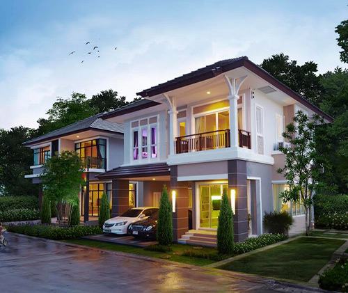 A house construction company in Bangalore designed this stylish individual home with elegant lighting and modern architecture